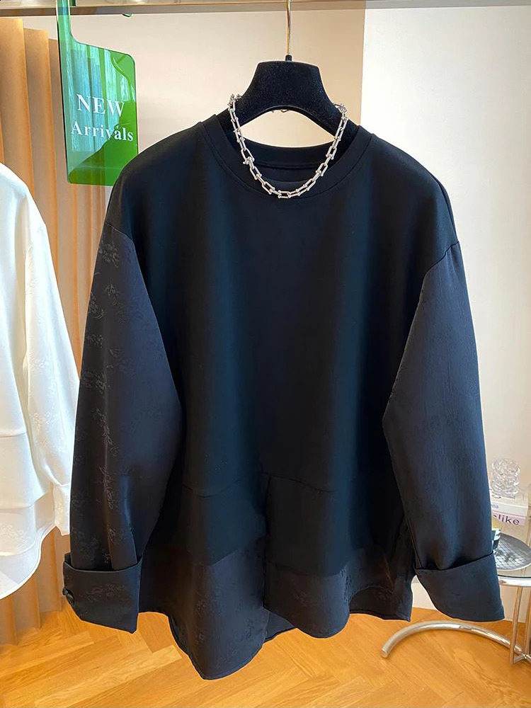 Autumn round neck Tshirt womens n sense niche long sleeved top unique splicing twopiece 240902