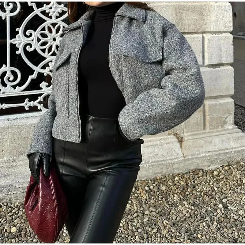 Women Elegant Solid Woolen Coat Zipper Long Sleeve Pocket Bomber Jacket Female 2024 Autumn Winter Casual Loose Streetwear Coats 240905