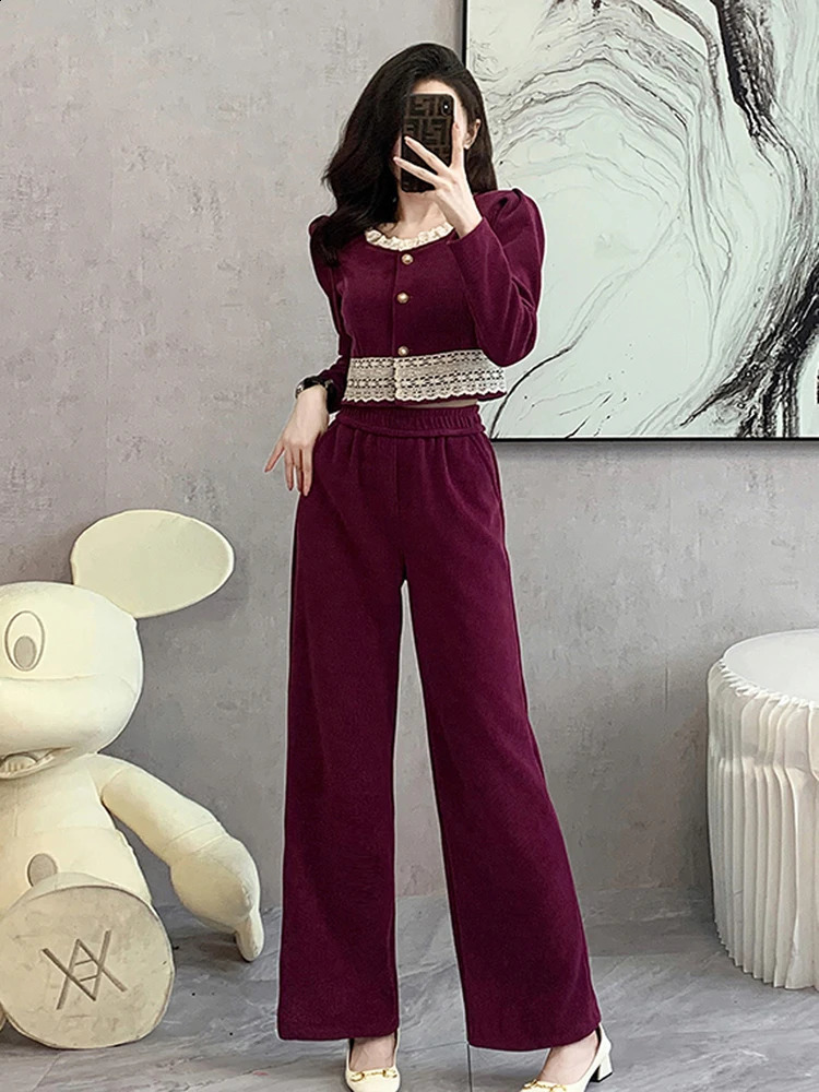 Spring and autumn two-piece pants set womens casual jacket jacketelastic waist wide leg pants set womens Trouser set 240903