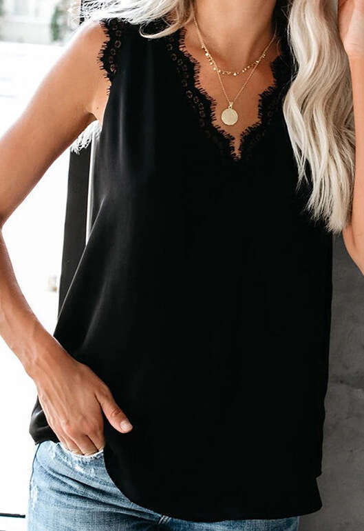 Summer base vest T-shirt for women 2024 summer new V-neck eyelash lace sleeveless loose top