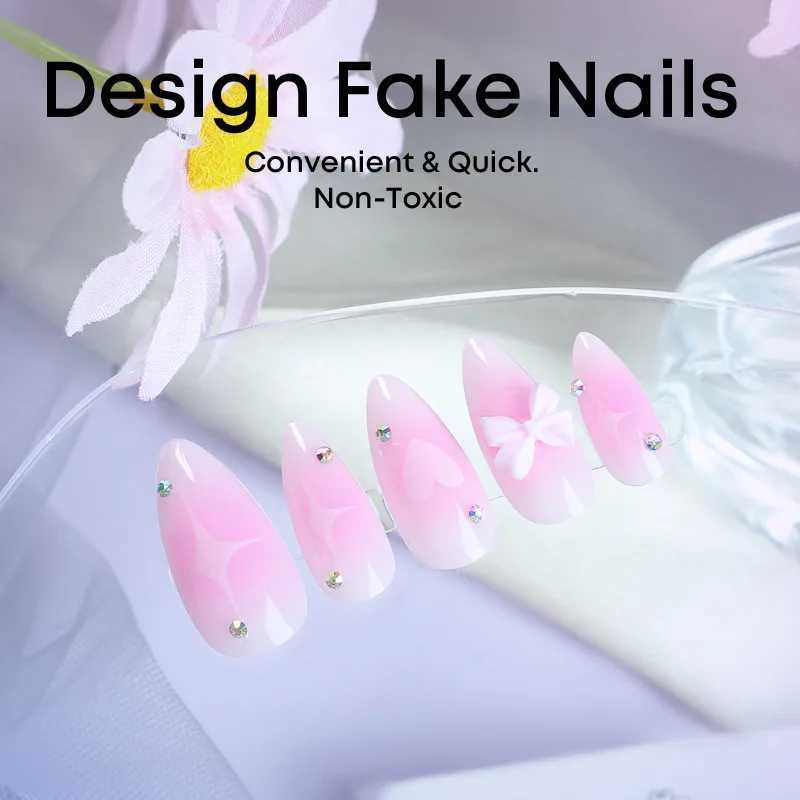 24pcs powder blusher false nails Almond 3D bow decoration press nails full set of sweet gloss false nails tips W240905