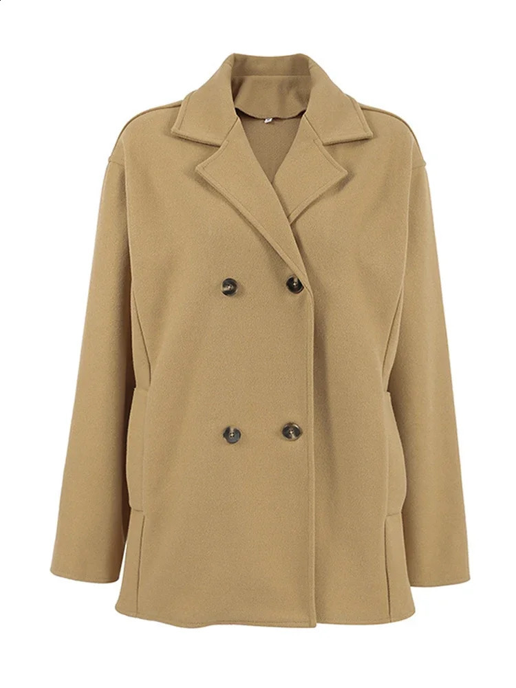 Fashion Solid Turn Down Collar Jackets For Women Casual Double Breasted Pockets Coat 2024 Autumn Winter Long Sleeve Loose Jacket 240905