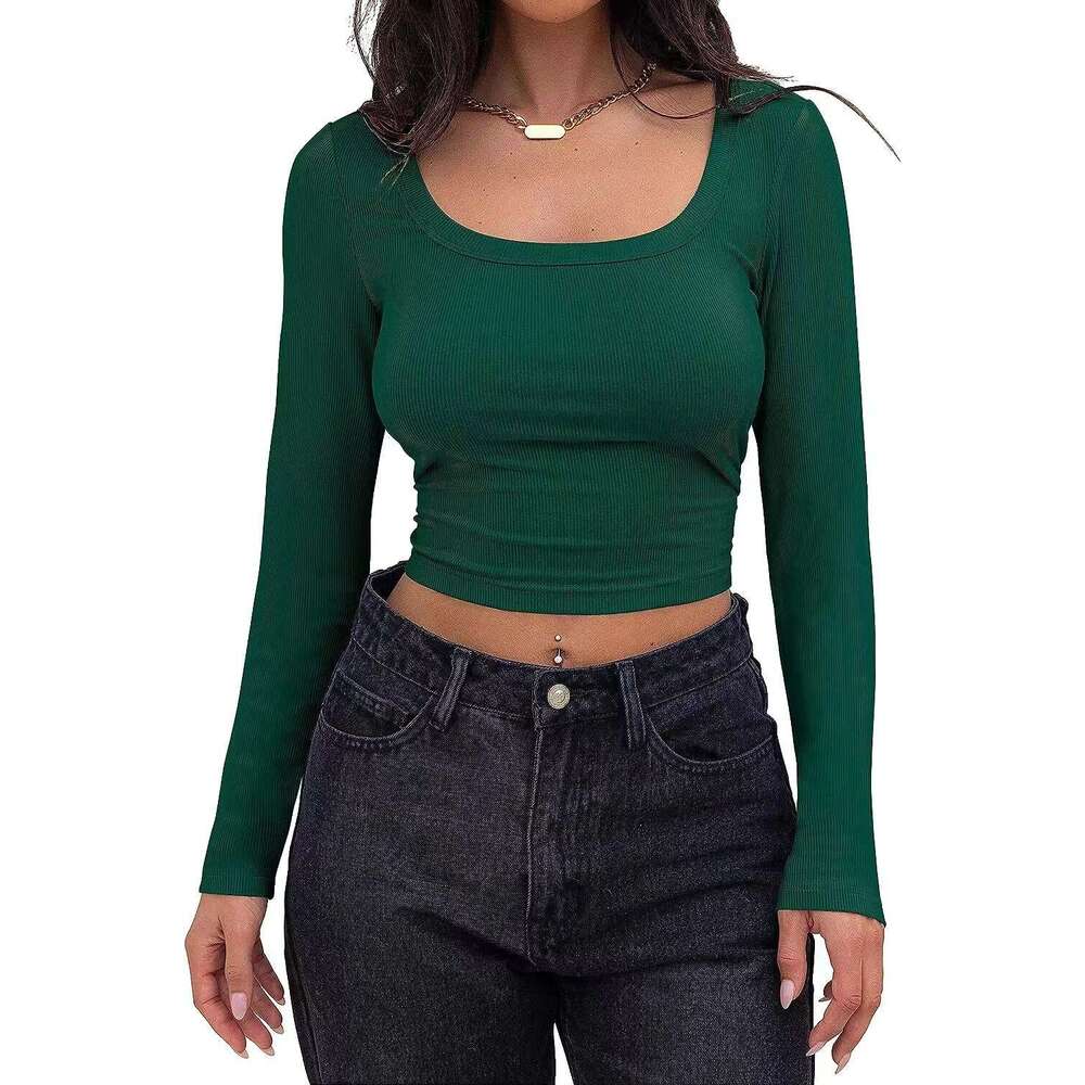2024 New Thread Pit Strip Slim Fit Short Long sleeved Square Neck T-shirt for Women