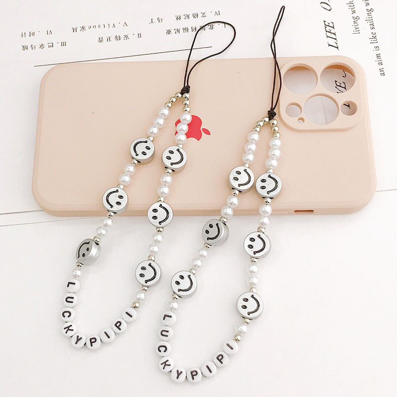 Yilian new smiley face chain pearl short hand rope anti fall letter bead phone hanging accessory