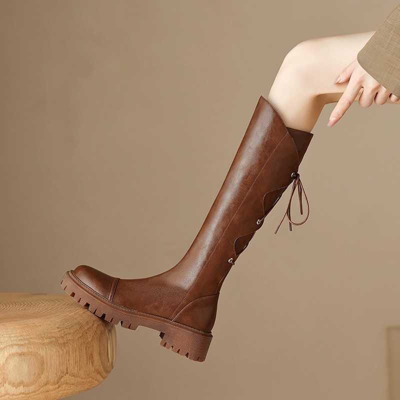 Slim Thick Soled Lace Up Martin Boots Women Boots Leather Fashion Boots Autumn Winter Brown Knight Boots 240826