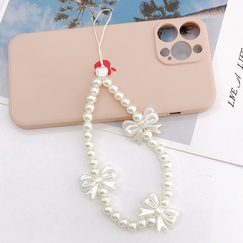 Yilian New Girl Heart Pearl Bow Hanging Rope Handmade Beaded Phone Chain Short USB Pendant for Women