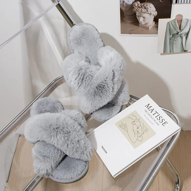 Feslishoet Women Fuzzy Slippers Cross Band Soft Plush Cozy House Shoes Furry Open Toe Indoor Outdoor Slip Warm Anti Skid Sole 240904