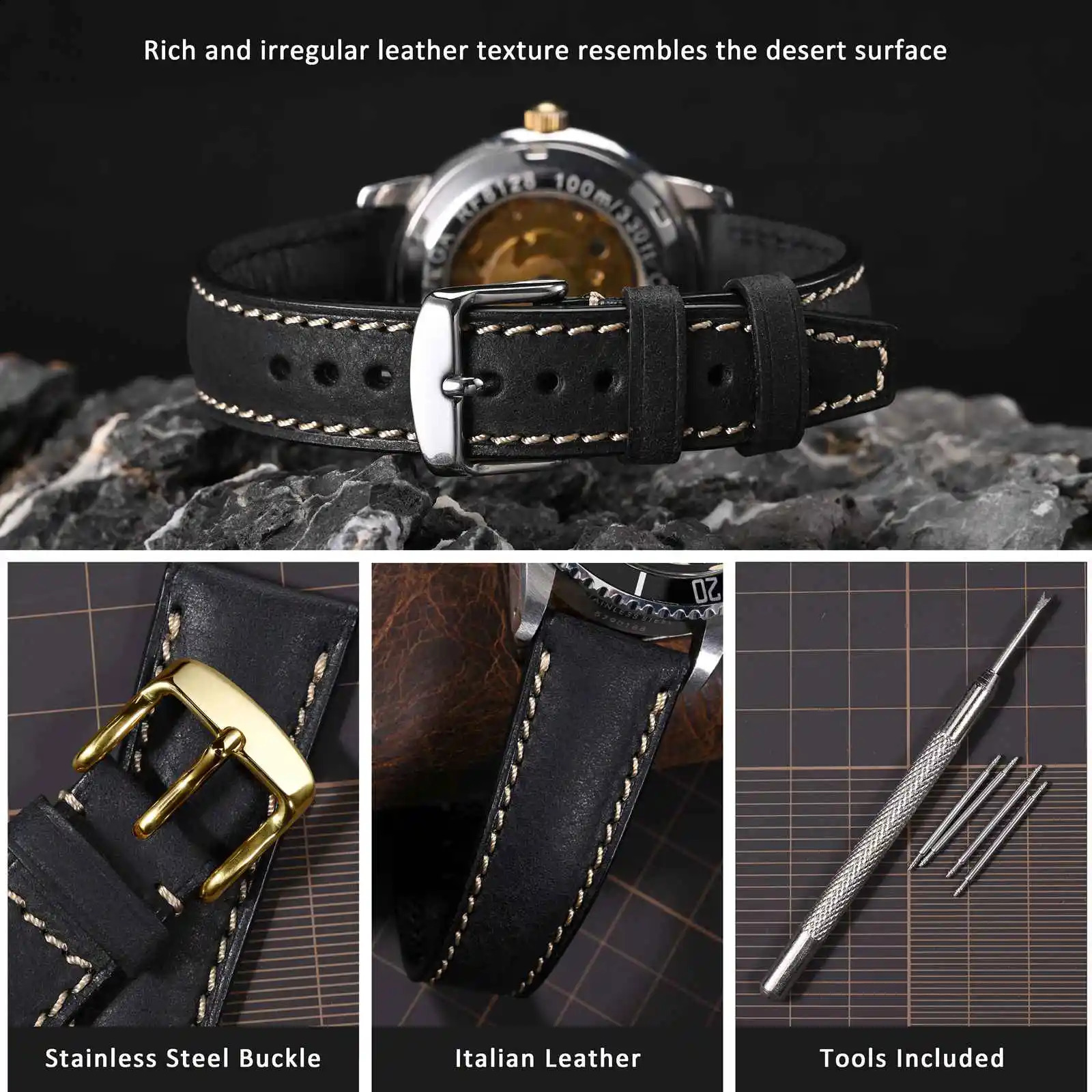 WOCCI Italian Leather Watch Straps 18mm 20mm 22mm Vintage Watchbands Black Brown Replacement Bracelet for Men 240906