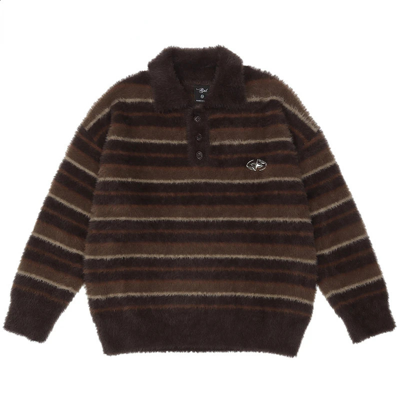 Harajuku Knitted Sweater Mens Y2K Mohair Pink Striped Turndoor Collar Pullover College Style Casual Loose Parachute Winter Top 240907