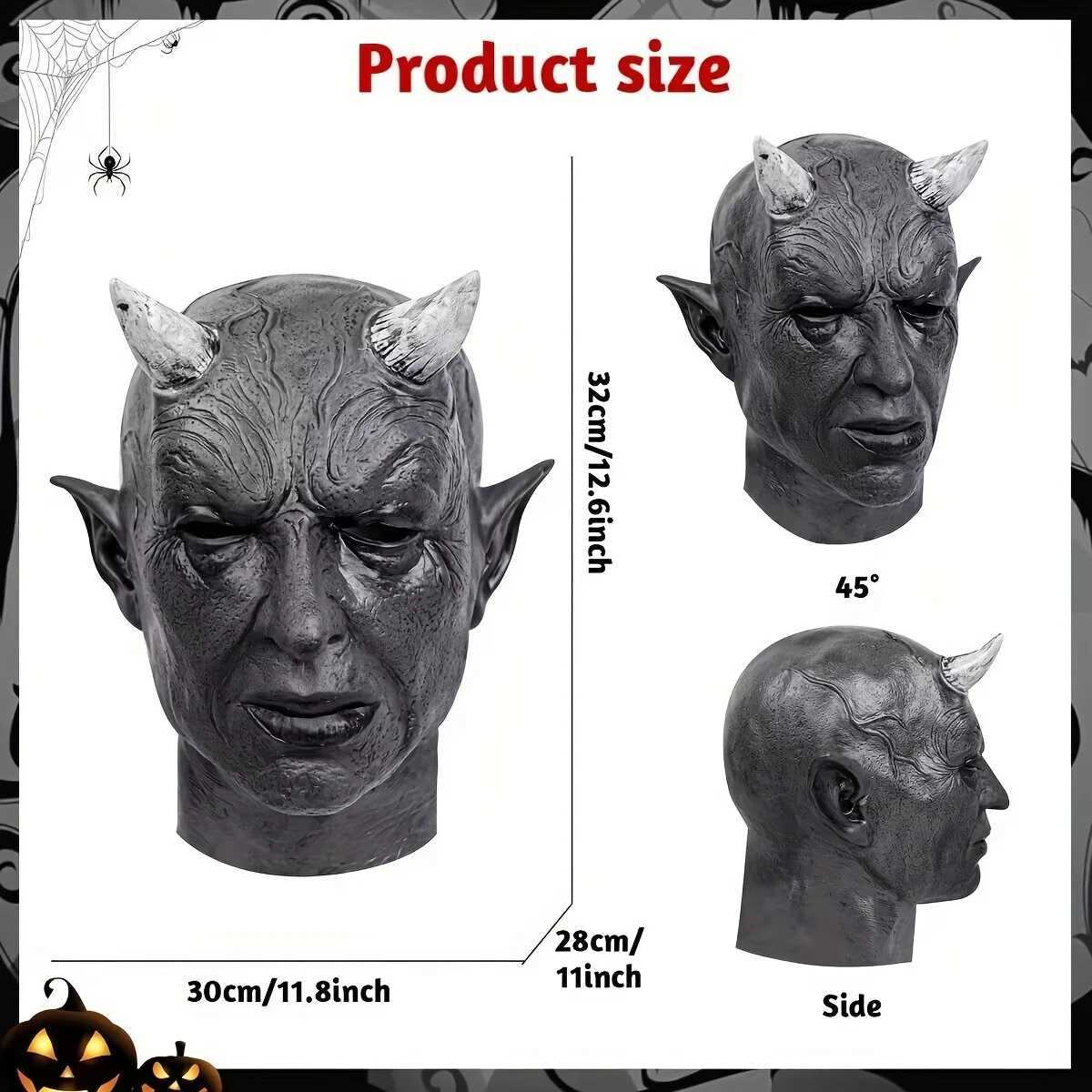 Terror Demon Horn Mask Horror Dark Skin Devil Killer Latex Helmet Masquerade Carnival Halloween Cosplay Party Costume Adult Prop M240906