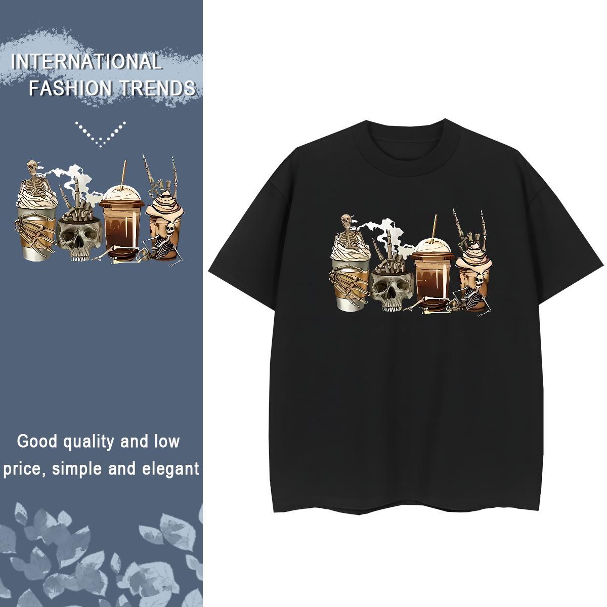 2024 Casual T Shirts Women 100% Cotton 230g Breathable Soft Casual Daily Wear halloween Women Tshirts Loose Cartoon Floral Printing Tops