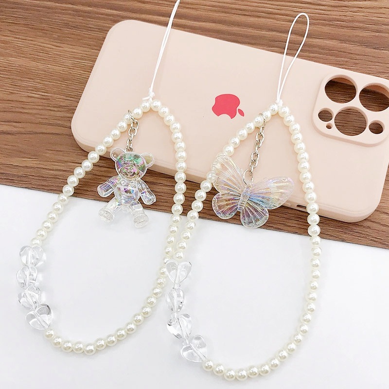Yilian New Laser Bear Chain AB Butterfly Pearl Hanging Rope Anti fall Wrist Strap Phone Case Pendant