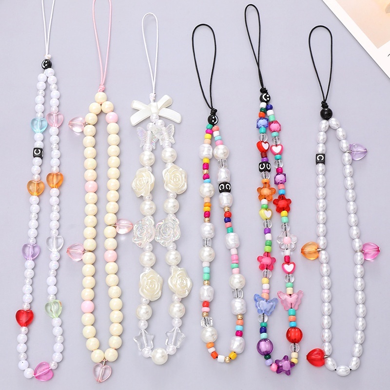 Internet celebrity anti lost bead love rainbow mobile phone rope DIY pearl chain hanging