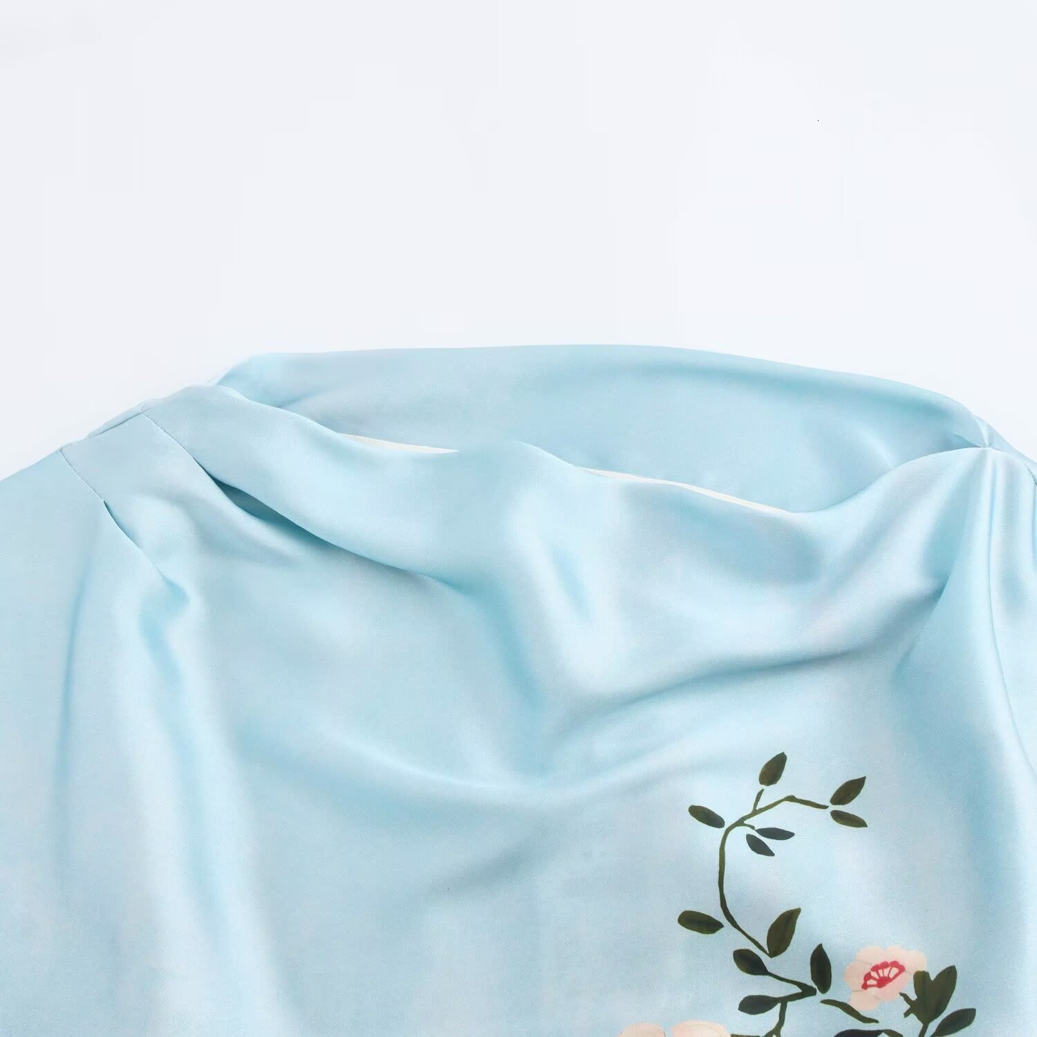 Autumn Print Style Womens Shoulder Dress Silk Satin Fashion Flower Texture Single Asymmetric