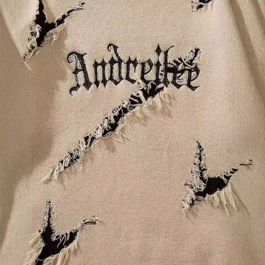 Men's Streetwear Loose Fit Sweater With Letter Embroidery, Scratches And Holes, Autumn And Winter