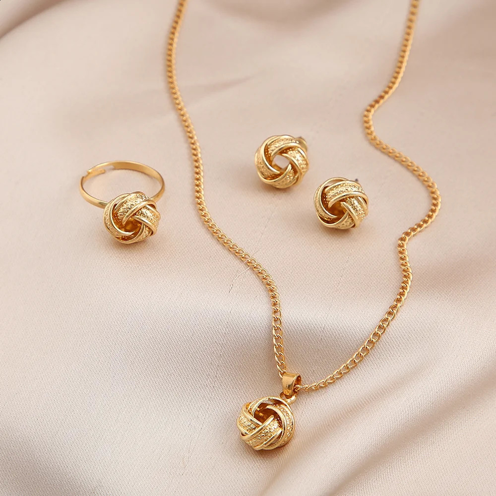 Gold alloy metal twisted lucky knot earrings necklace ring jewelry set womens fashion geometric retro accessories 240906
