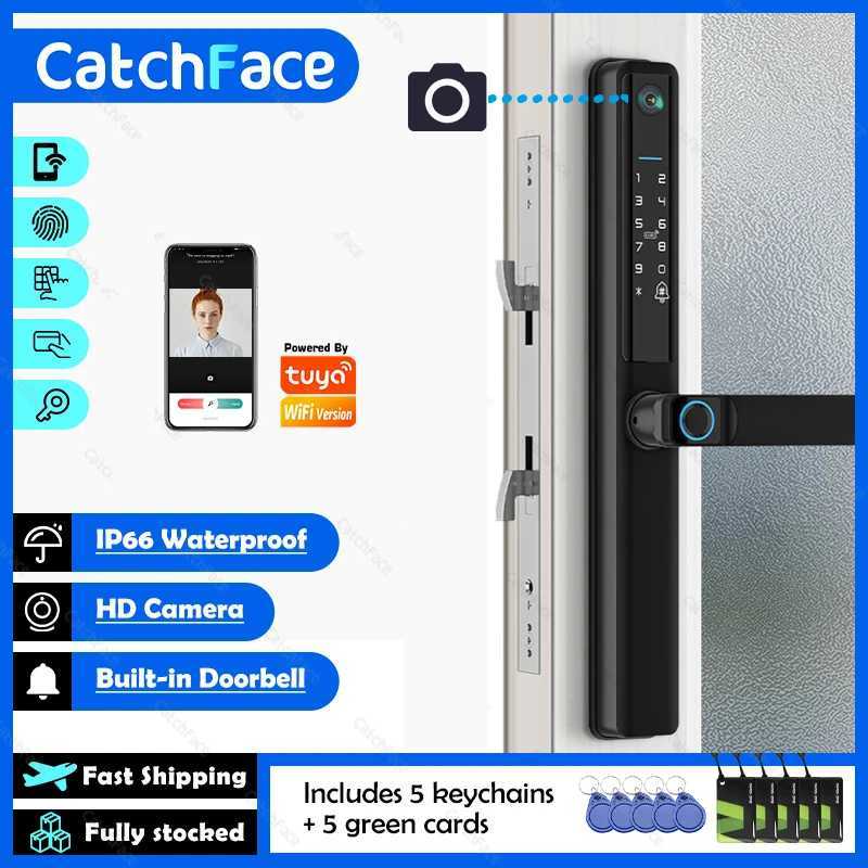 Waterproof camera outdoor fingerprint scanner WIFI application RFID card code keyless intelligent electronic door lock aluminum/glass sliding CL240920