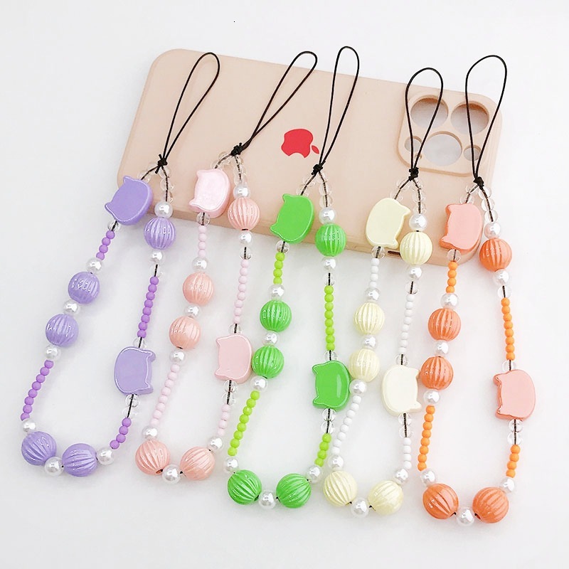 Yilian Creative Pearl Cat Head Chain Pumpkin Beads Hanging Anti Drop Hand Rope Phone Case Pendant Female