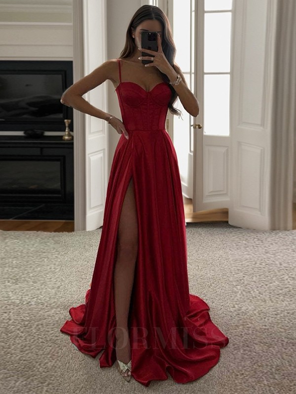Sexy Spaghetti Straps Red Prom Dress Satin Sleeveless Side Split Evening Dresses Long Weddings Reception Gown Vestidos de Noiva Custom Made