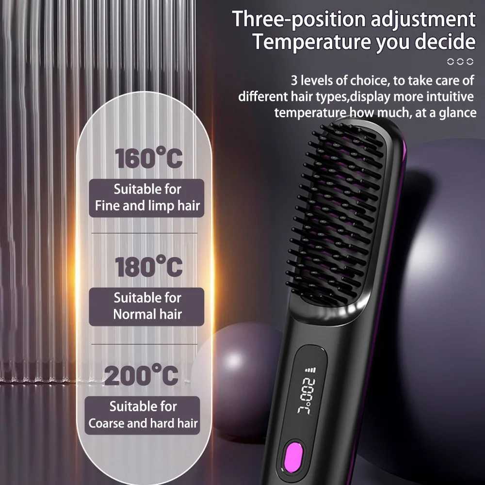 2 In 1 Straight Hair Comb Wireless Hair Straightener Brush Hair Fast Heating Portable Hot Curler USB ChargingXJ241016