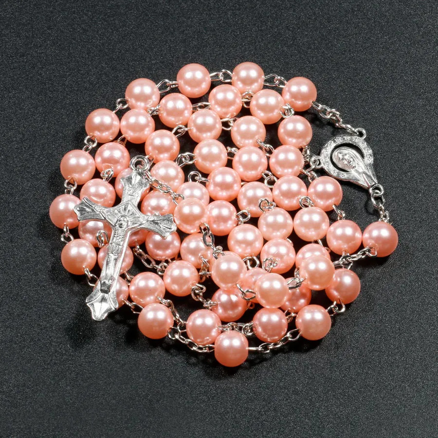 Religion Christian Artificial Pearl Rose Necklace Female Virgin Mary Jesus Cross Pendant Long Bead Chain Fashion Jewelry 240906
