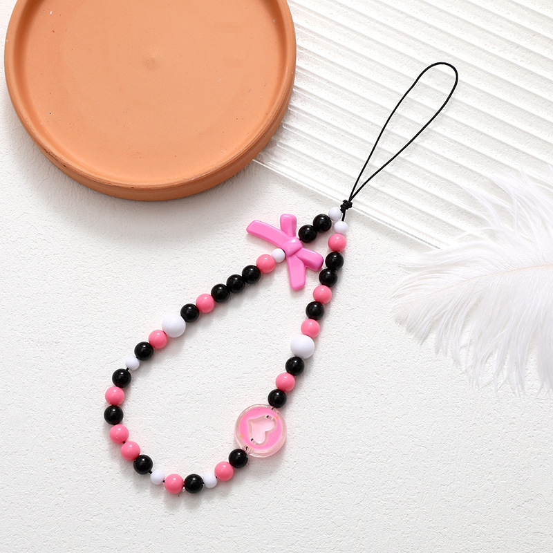 Sweet and cool style bow bead mobile chain, colorful mixed color phone case, anti drop pendant, wrist strap hanging accessory