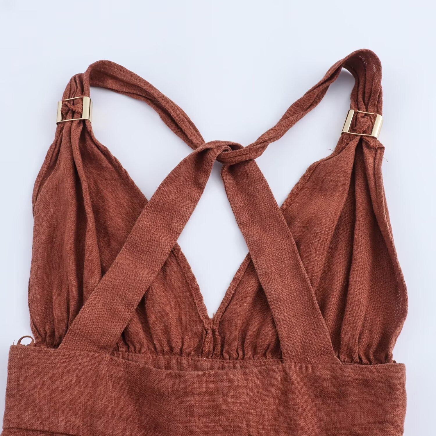 V-neck Womens Fashion Autumn Linen Backless Cross Blended Suspender Dress New Product