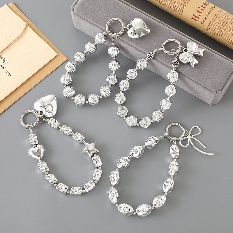 New Silver Plated Flower Bead Fashionable Trend, Love Bow Pendant, High End, Mobile Phone Chain Accessory