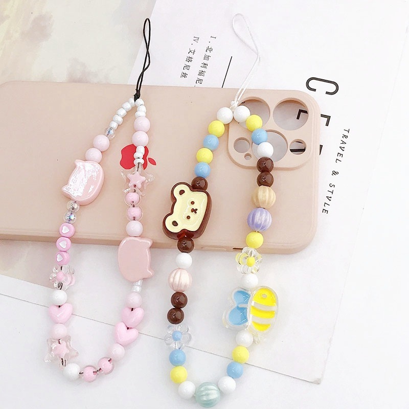 Yi Lian's New Cat Head Chain Beaded Little Bear Strap Short Anti Drop Phone Case Handrope Hanging Accessories