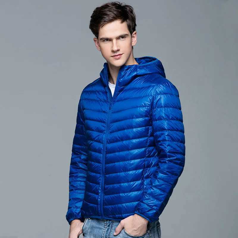 Mens fluffy winter coat fashionable hooded duck down jacket ultra light inflatable down jacket portable ultra-thin feather filled park 5XL 6XL W240906