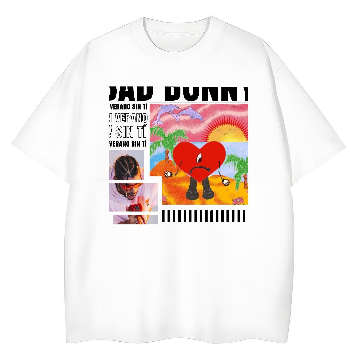 New Arrival Woman T Shirts 230g 100% Cotton Crew Neck Beach BAD BUNNY Lady T shirt Loose fit Black White Tops Tees