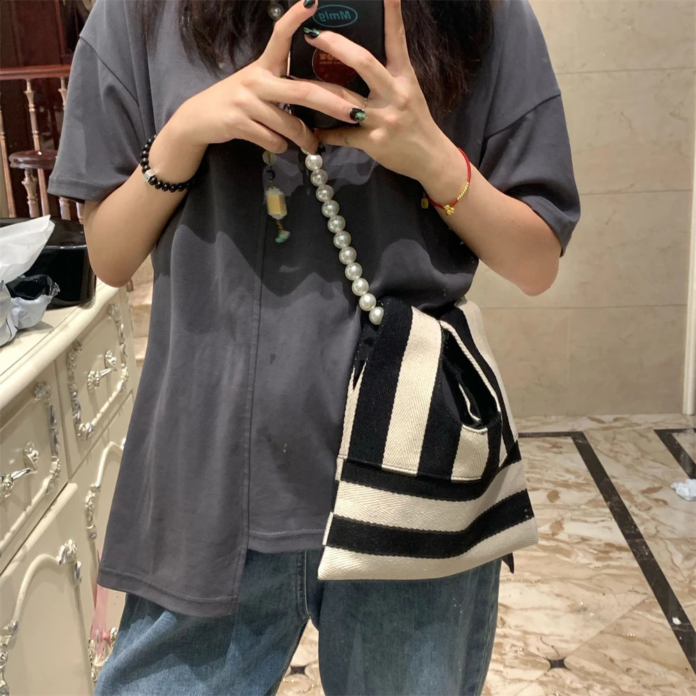 Pearl Striped Canvas Handbag Womens Cute Shoulder Bag Mini Student Diagonal Bag Bead Chain Horizontal Square Inner Bag 240904