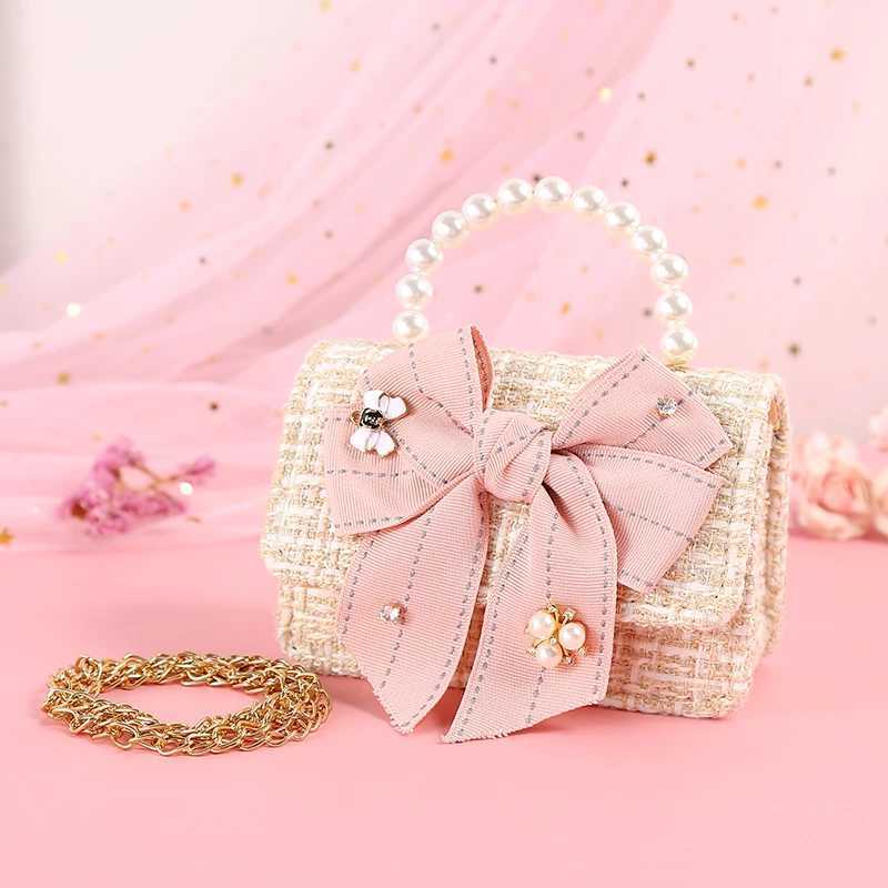 Childrens Linen Wallet and Handbag Cute Girl Princess Mini Cross Body Bag Bow Baby Party Pearl Handbag W240906
