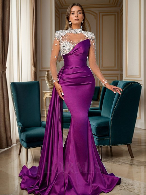 Sexy Illusion Long Sleeves Prom Dresses Sparkly Sequins Beading Evening Gowns Glitter Purple Ruffled Prom Dress For Formal Occasion Gown Vestido De No