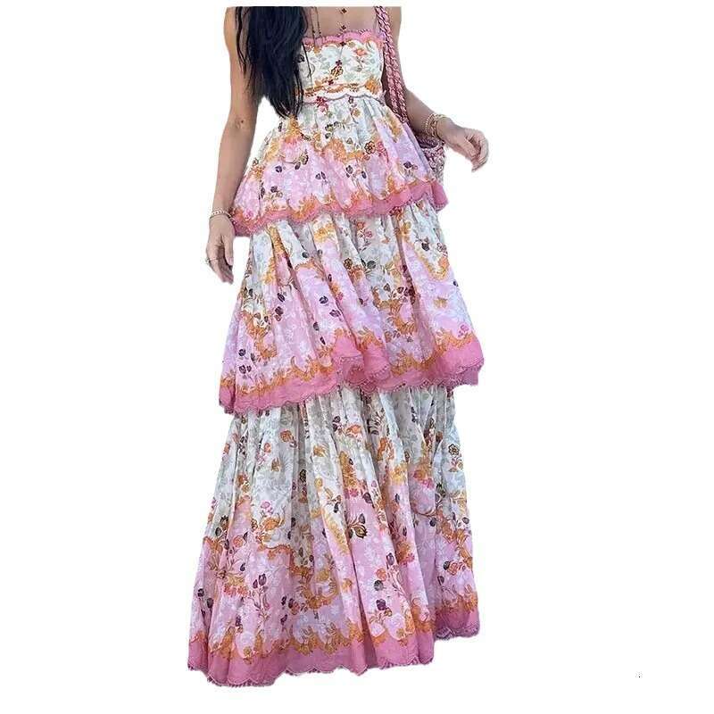 2024 Women's Dress Personalized Street Ruffle Printed Cake Sleeveless Backless Strap Skirt 8