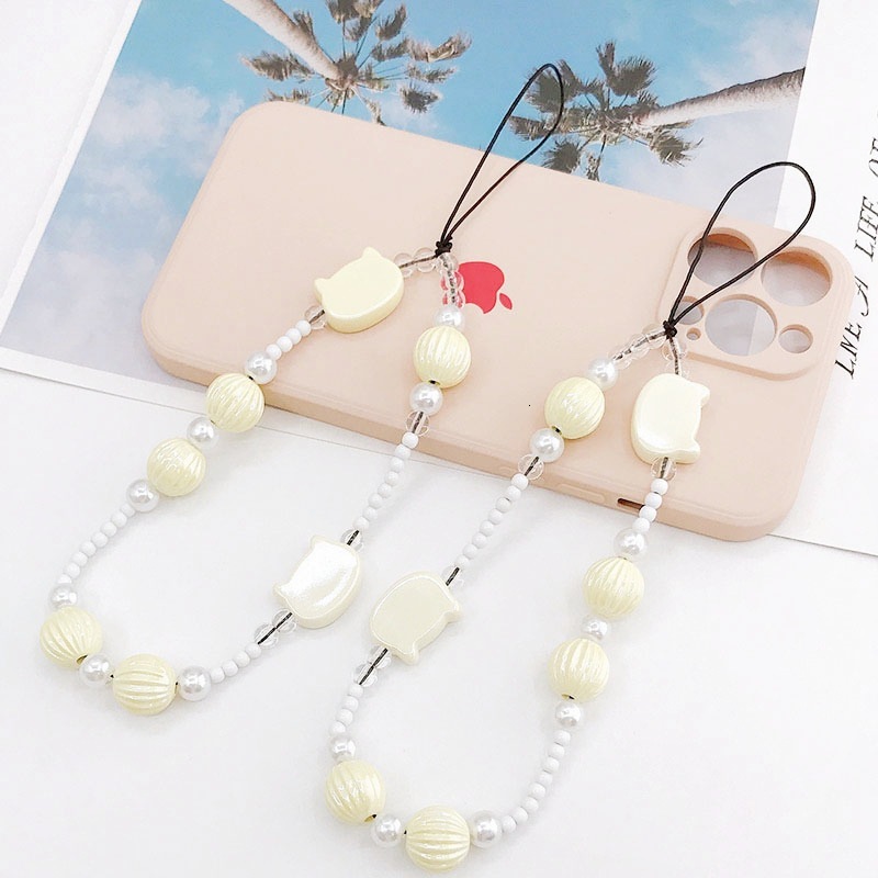 Yilian Creative Pearl Cat Head Chain Pumpkin Beads Hanging Anti Drop Hand Rope Phone Case Pendant Female