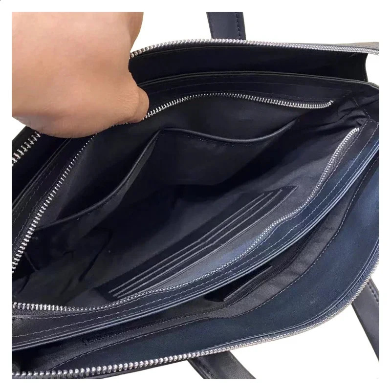 Leather mens fashionable and personalized portable briefcase business pendant large capacity black zipper computer shoulder strap 240906