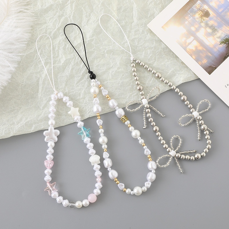 Creative new pearl bow love chain fashionable and versatile handmade bead mixed decoration phone hanging rope