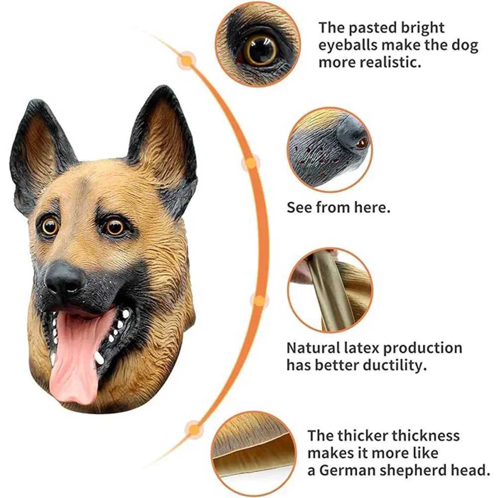 German Shepherd Mask Halloween Party Cosplay Animal Costume Sheepdog Dog Head Masks Funny Realistic Animal Full Head Latex Mask M240906