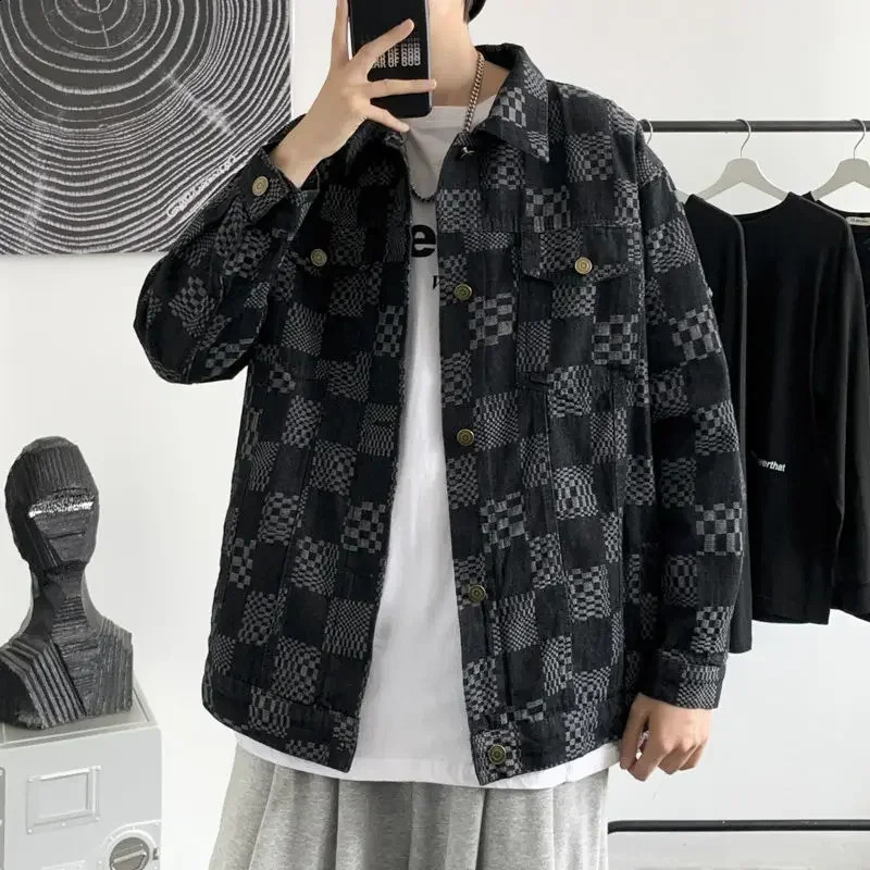 Mens Denim Jacket Plaid Male Jean Coats Black Wide Shoulders Joker Big Size Vintage Korean Clothes Style Loose 240907