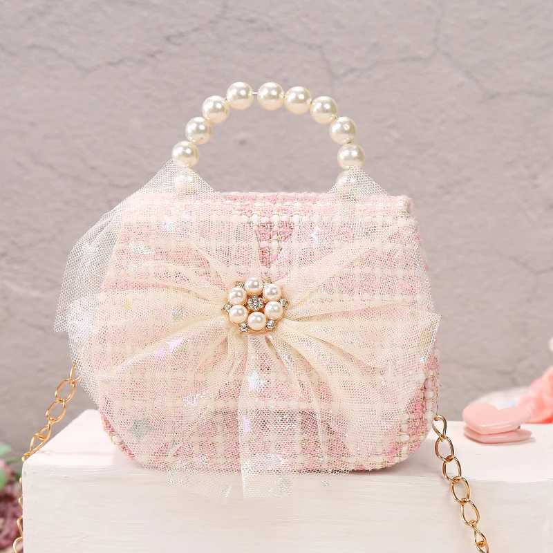 Childrens Linen Wallet and Handbag Cute Girl Princess Mini Cross Body Bag Bow Baby Party Pearl Handbag W240906