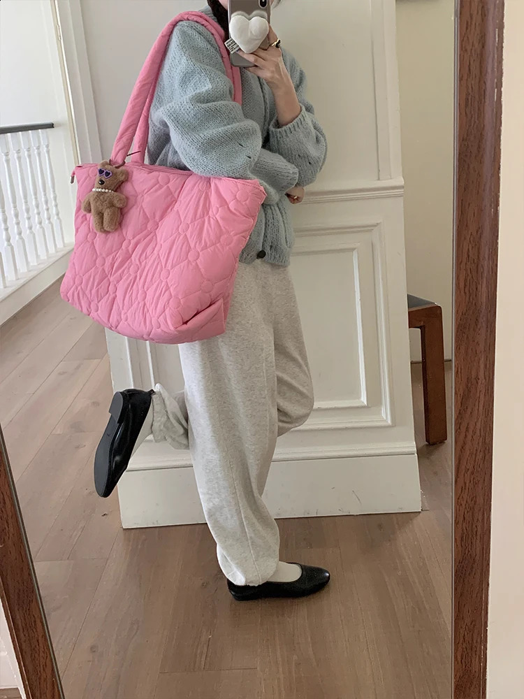 Pink Feather Shoulder Handbag for Women Large Capacity Cloud Bag for Women Cotton Bag for Women 240903