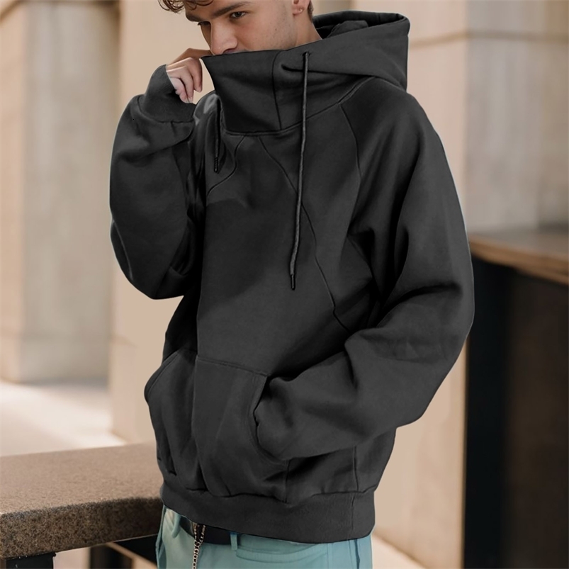 Mens Turtleneck Hoodie Solid Color Loose Casual Sweatshirt American Style Hip Hop Street y2k Pullover Sweater Warm Hooded Tops y240906
