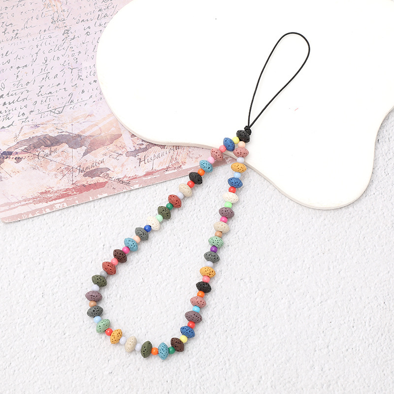 Creative new natural volcanic stone mobile short style colorful bead bracelet phone case hanging rope anti fall chain for women