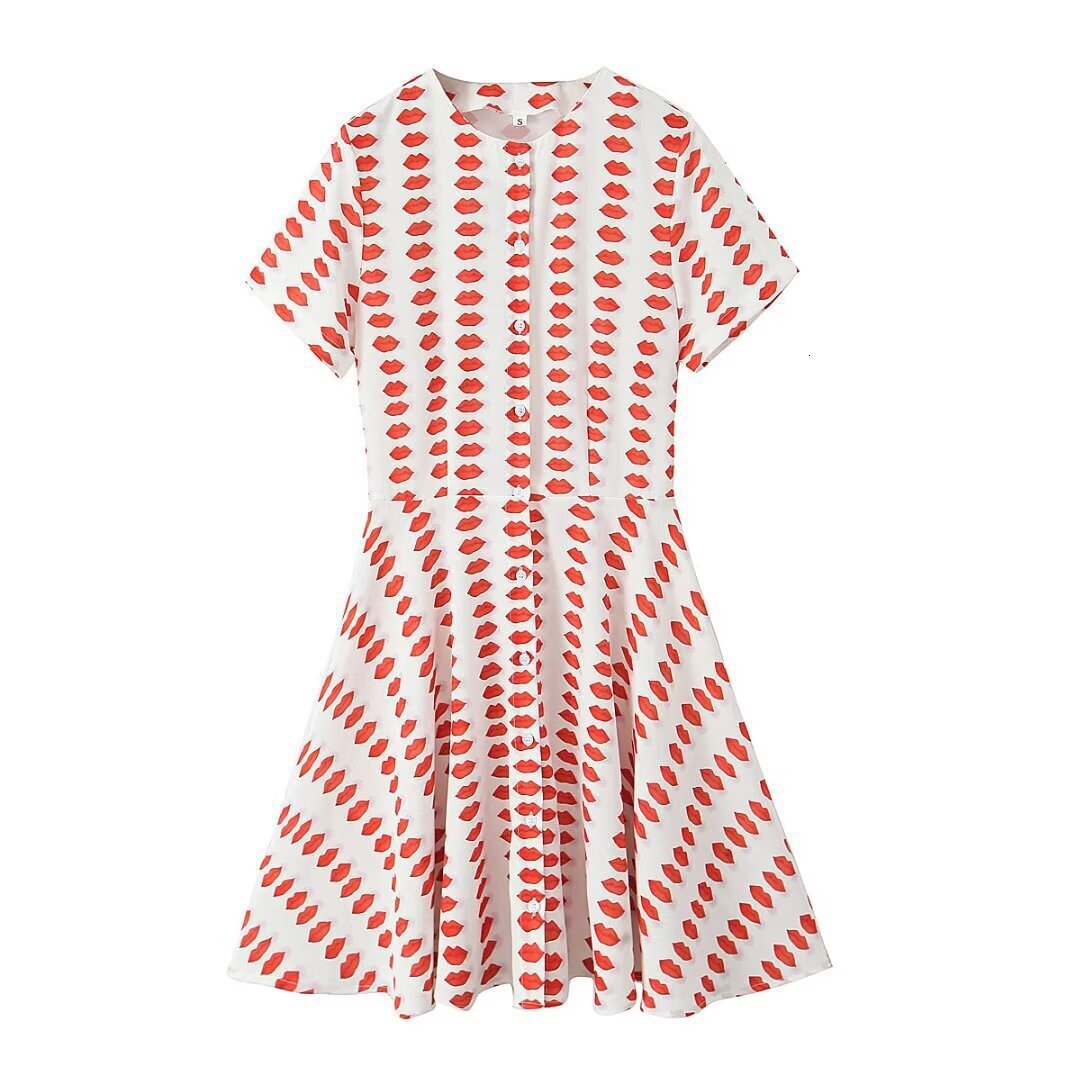 Spring New Product Womens Dress with Light Mature Round Neck Printed Short Sleeve Dress