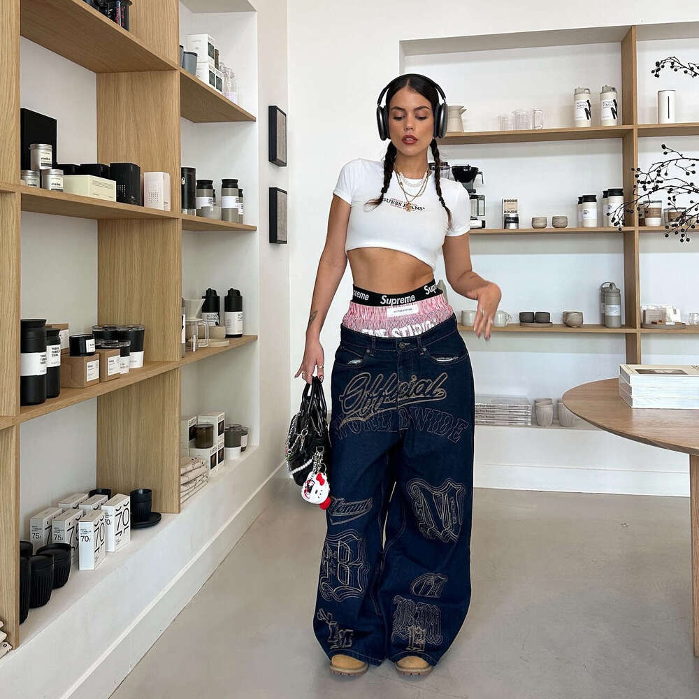 Low waisted design with printed wide leg mop American style spicy girl street hanging jeans, personality