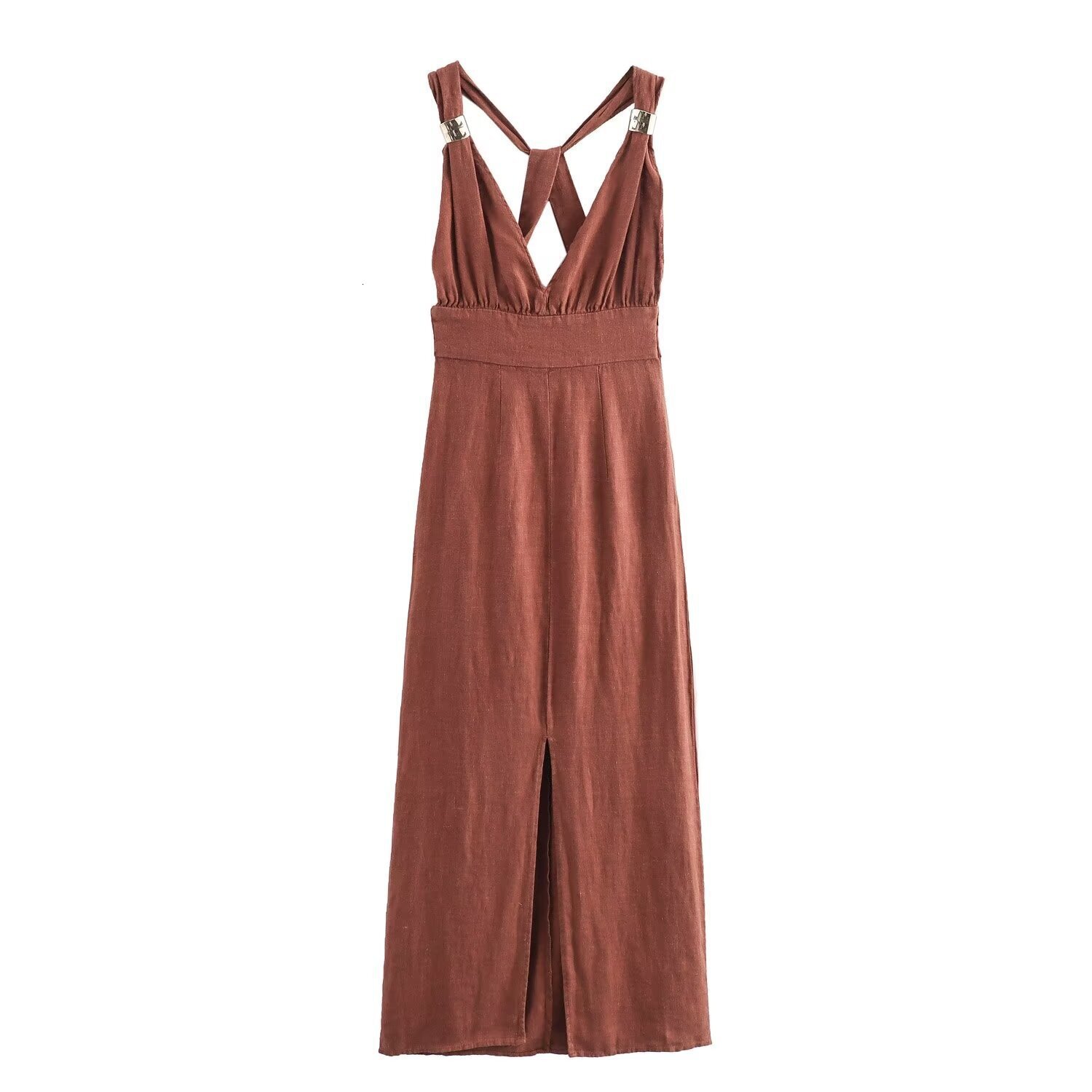 V-neck Womens Fashion Autumn Linen Backless Cross Blended Suspender Dress New Product
