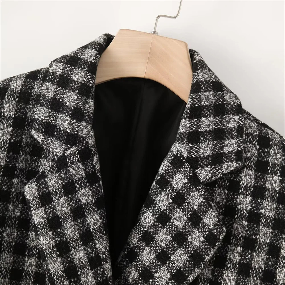 UNIZERA Autumn Product Womens Casual Versatile Double breasted Long Sleeve Look Skinny Woolen Checkered Suit Coat 240830