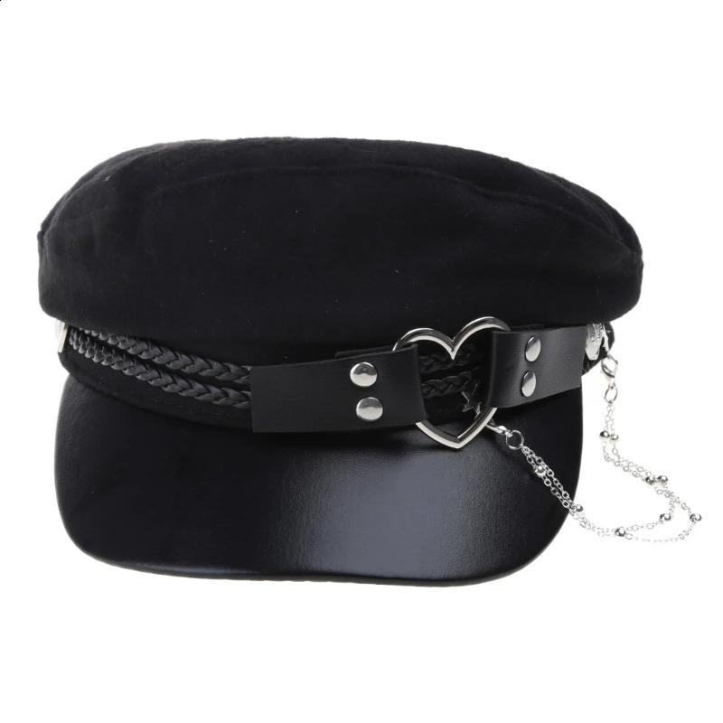 Lolita Girls Felt Beret Cap with Love Heart Buckle Belt Womens Fashion Tassel Chain Octagonal Hat Adult Party Role Playing Hat 240829