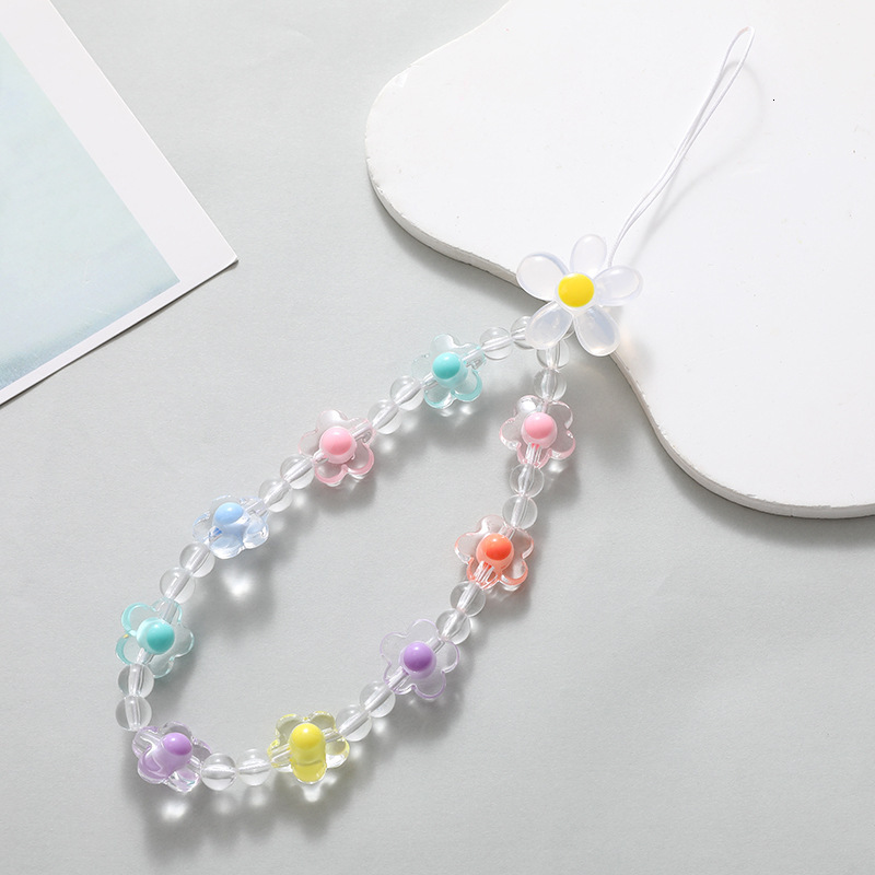 Acrylic flower chain bead mobile phone hanging anti fall wrist strap short hand rope for women